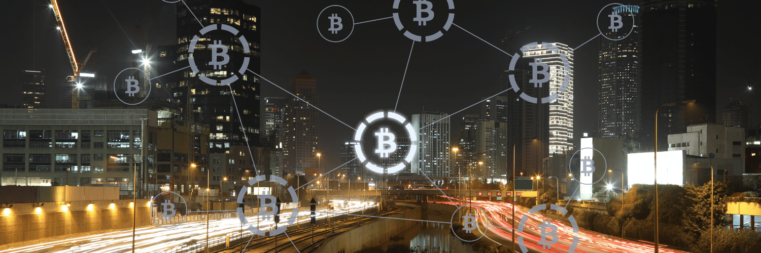 An illustration depicting blockchain technology transforming commercial real estate transactions, symbolizing transparency, security, and efficiency.