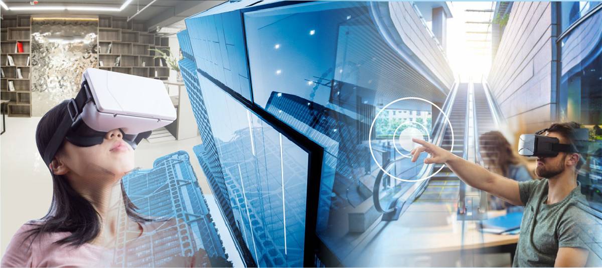 Illustration of futuristic cityscape with high-tech buildings.